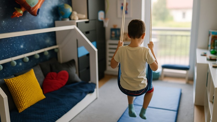 Chłopiec huśtający się tyłem do zdjęcia na huśtawce podwieszonej do sufitu w swoim pokoju urządzonym w kosmicznym stylu, z niebieskim materacem na podłodze – element terapii integracji sensorycznej.